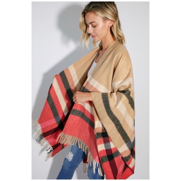 SOLD OUT Multi Color Plaid Fringe Faded Cape Poncho Shawl - Picture 4 of 5